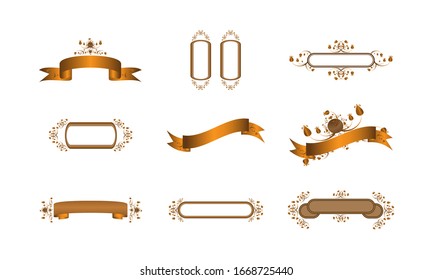 Design sets of ribbon nuanced gold and royal for various purposes. With a variety of ribbons that are decorated with unique ornaments and ideal shapes produce a luxurious and charming ribbon set