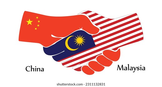 El diseño da la mano. Concepto de China y Malasia como el país del nacimiento un buen contacto, negocios, viajes, transporte y tecnología.