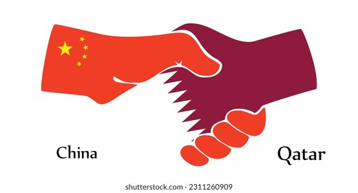 Design schüttelt die Hände. Konzeption China und Katar das Borth Land ein guter Kontakt, Geschäft, Reisen, Transport und Technologie.