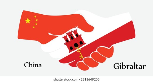 El diseño da la mano. Concepto de China y Gibraltar como el país del nacimiento un buen contacto, negocios, viajes, transporte y tecnología.