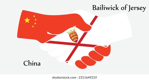 Design shake hands. Concept China and Bailiwick of Jersey the borth country a good contact, business, travel, transport and technology.