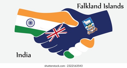 El diseño da la mano. Concepción de la India y las Islas Falkland en el país del nacimiento como un buen contacto, negocios, viajes, transporte y tecnología.