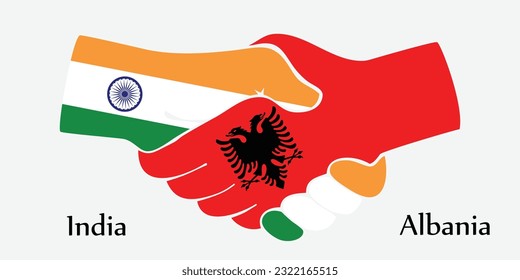 El diseño da la mano. Concepción India y Albania del país del nacimiento como un buen contacto, negocios, viajes, transporte y tecnología.