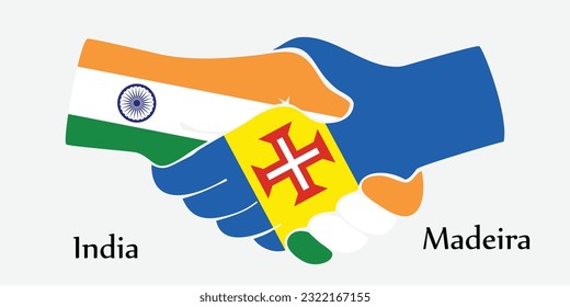 Design shake hands. Concept India and Madeira the borth country a good contact, business, travel, transport and technology.