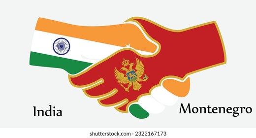 El diseño da la mano. Concepto India y Montenegro como el país del nacimiento como un buen contacto, negocios, viajes, transporte y tecnología.
