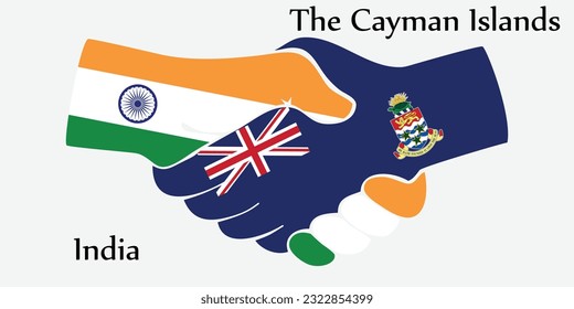 El diseño da la mano. Concepto India y las Islas Caimán como el país del nacimiento de un buen contacto, negocios, viajes, transporte y tecnología.