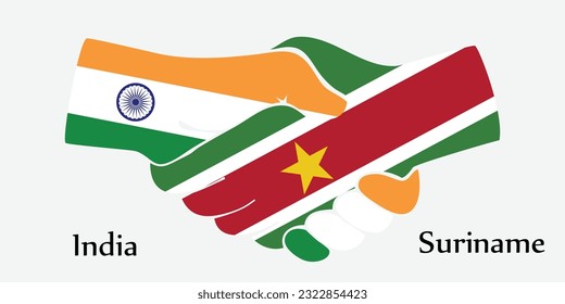 Design schüttelt die Hände. Konzeption Indien und Suriname das Borth Land ein guter Kontakt, Geschäft, Reisen, Transport und Technologie.