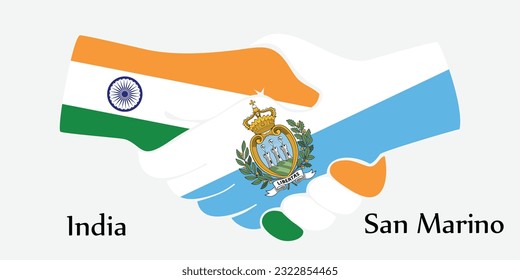 Design shake hands. Concept India and San Marino the borth country a good contact, business, travel, transport and technology.