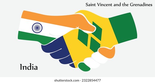 El diseño da la mano. Concepto India y San Vicente y las Granadinas en el país del nacimiento como un buen contacto, negocios, viajes, transporte y tecnología.