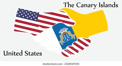 El diseño da la mano. Concepto Estados Unidos y Canarias el país del nacimiento un buen contacto, negocios, viajes, transporte y tecnología.