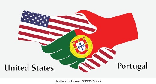 Design schüttelt die Hände. Konzept Vereinigten Staaten und Portugal das Borth Land ein guter Kontakt, Geschäft, Reisen, Verkehr und Technologie.
