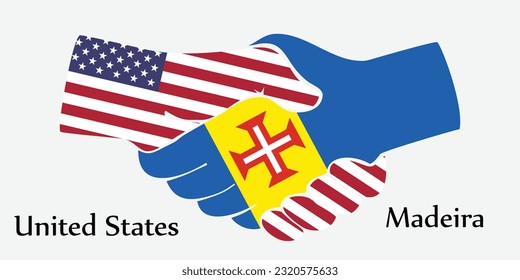 Design shake hands. Concept United States and Madeira the borth country a good contact, business, travel, transport and technology.