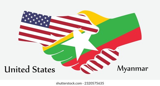 Design shake hands. Concept United States and Myanmar the borth country a good contact, business, travel, transport and technology.