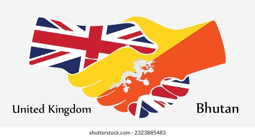 Design shake hands. Concept United Kingdom and Bhutan the borth country a good contact, business, travel, transport and technology.