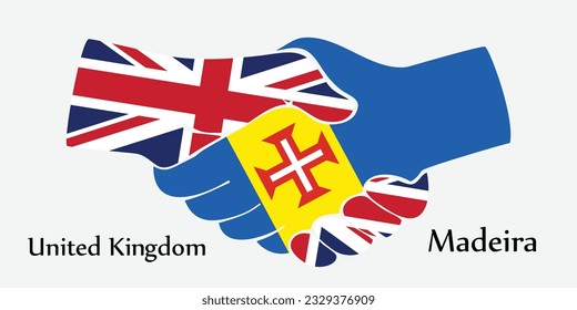 Design shake hands. Concept United Kingdom and Madeira the borth country a good contact, business, travel, transport and technology.