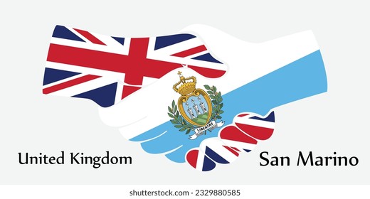 Design shake hands. Concept United Kingdom and San Marino the borth country a good contact, business, travel, transport and technology.