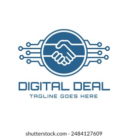 Diseño de estrechar manos en un círculo rodeado de circuitos digitales, este logotipo es adecuado para empresas de comercio electrónico, tecnología y servicios de consultoría digital