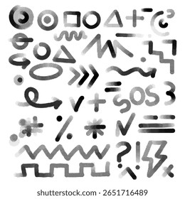 Design of the shape elements. Geometric abstract isolated black elements, graphic Memphis style line, pop art, halftone geometry of arrows. Fashionable dots and grid. Minimalist set of black dots