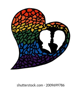 A design in the shape of a rainbow heart and two male silhouettes in profile, a symbol of the movement for equality of the LGBTQ community, a vector illustration on the theme of LGBTQ pride.