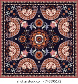 Design for shawl, card, textile. Colorful illustration with Paisley. Indian motive. Vector template, ethnic style for cards, greeting, posters