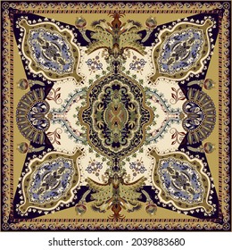 Design for shawl, square print, wrap, interior mat, bandana. Square trendy indian ornament. Symmetrical luxury arabian motif. design for carpet, tapis, mat.