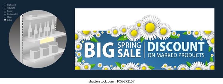 The design of the shelftoker for the promotion is a spring sale of bright daisies on a sky blue background. Spring template for your design, cards, invitations, posters. Vector illustration