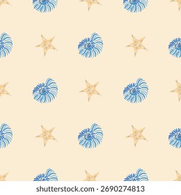 Projete o padrão de concha e estrela-do-mar desenhando cada linha para conectar as linhas e separar as dimensões. Use cores do mar e areia.