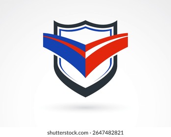 Design of shield for branding, ammo protection symbol, antivirus or sport theme, insurance or guarantee.