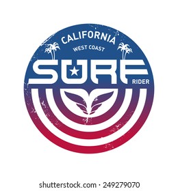 Design Shield California West Coast Surfers. Pacific Ocean Team Logo. Vector Illustration For Surf Board Design.