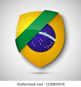 Design shield with flag of Brazil and The motto "Order and Progress" icon. National colors of brazil team. Vector illustration. Protected guard shield concept. Safety badge icon. Privacy banner shield