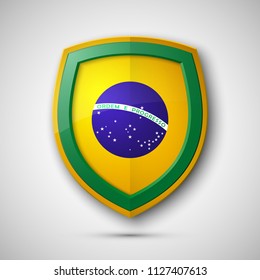 Design shield with flag of Brazil and The motto "Order and Progress" icon. National colors of brazil team. Vector illustration. Protected guard shield concept. Safety badge icon. Privacy banner shield