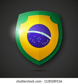 Design shield with flag of Brazil and The motto "Order and Progress" icon. National colors of brazil team. Vector illustration. Protected guard shield concept. Safety badge icon. Privacy banner shield