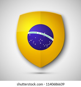 Design shield with flag of Brazil and The motto "Order and Progress" icon. National colors of brazil team. Vector illustration. Protected guard shield concept. Safety badge icon. Privacy banner shield