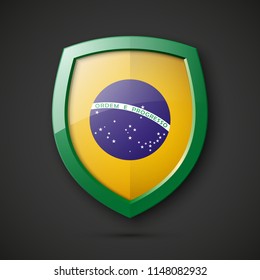 Design shield with flag of Brazil and The motto "Order and Progress" icon. National colors of brazil team. Vector illustration. Protected guard shield concept. Safety badge icon. Privacy banner shield