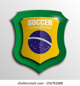 Design shield with flag of Brazil and The motto "Order and Progress". Vector illustration