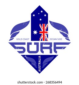 Design shield, Gold coast surf rider, Australia. Surfing vintage label with waves. Vector illustration with Australian flag.