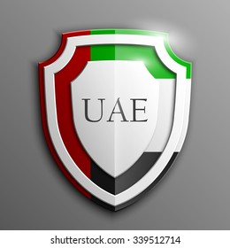 Design Shield  illustration banner with Abstract Background Flag UAE inside. United Arab Emirates template Art