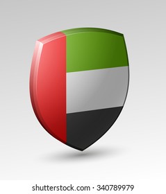 Design Shield illustration banner with Abstract Background Flag UAE inside. United Arab Emirates template Art
