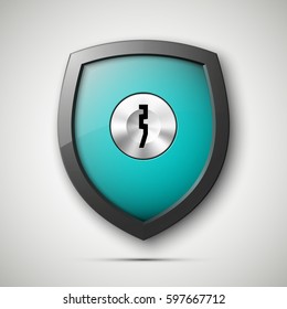 Design shield & keyhole. Security vector sign. Protected guard label concept. Safety badge color icon. Privacy colorful banner. Defense tag. Presentation shining sticker shape. Defense safeguard sign