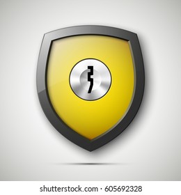Design shield & keyhole. Security vector sign. Protected guard label concept. Safety badge color icon. Privacy colorful banner. Defense tag. Presentation shining sticker shape. Defense safeguard sign