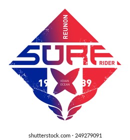 Design shield Reunion surfers. Indian Ocean team. Vector illustration for surf board design. Extreme sport t-shirt design. Surf tee print. Surfing vector label with surfboards. Vintage graphics. 