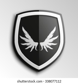 Design Shield With Wings Inside. Protection Concept. Safety Badge Icon. Privacy Banner. Security Label. Defense Tag. Presentation Sticker Shape. Vector Illustration
