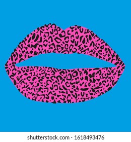 Design for a shirt of a leopard print lips on cyan background