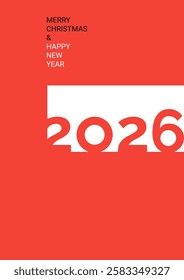 The design showcases a bold staircase with large numbers representing the year 2026. The greeting wishes Merry Christmas and Happy New Year against a striking black background.