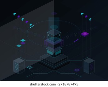 A design showcases a digital network structure with geometric shapes interacting in a dark space. Lines connect elements, representing data flow and communication systems relevant to technology.