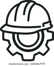 The design showcases a hard hat integrated with a gear, symbolizing safety in engineering and construction environments. This representation emphasizes the importance of workplace safety.