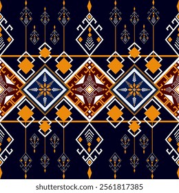 design showcases intricate geometric motifs featuring diamond and floral star patterns in orange,white,blue, and red hues, arranged symmetrically against a navy-blue background for a bold ethnic look.