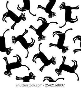 The design showcases numerous black cats playing and leaping across a clean white background