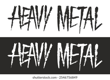 The design showcases the phrase heavy metal in a bold stylized font with sharp edges and varying thickness. The logo appears in both white on black and black on white backgrounds.