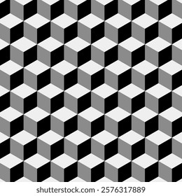 The design showcases a repeating 3D cube pattern in black, gray, and white tones, forming a seamless geometric tessellation with a modern, optical illusion effect

